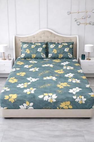 Image of 300 TC Cotton Feel Glace Cotton Elastic Fitted Bedsheet for King Size Double Bed | Fits up to 8 Inch Mattress | Printed Bedsheet with 2 Pillow Covers (Green&Gray, Double Size - 72 inchx72 inch)