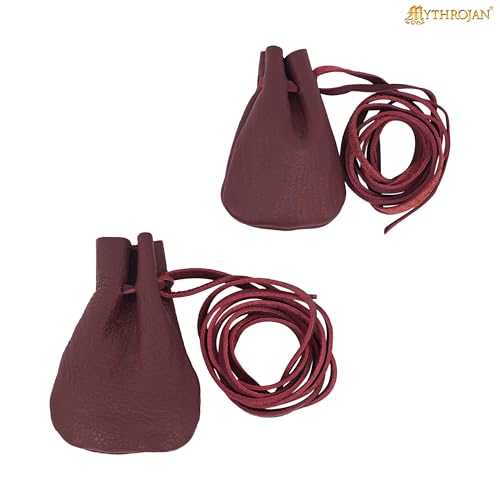 Image of Pack of 2 Mythrojan Small Trinket Pouches Suede Leather Drawstring Coin & Dice Bags for LARP, SCA, Viking & Medieval Events, Color : Dark Wine Red