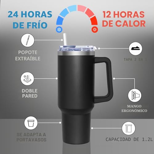 Miniatura 3 de Hncy Taza De Cafe Con Tapa 2 En 1, 1180 Ml Taza Termo Cafe Para Llevar, Vaso Termico Con Tapa Y Pajita, Travel Mug De Acero Inoxidable Con Asa