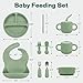 Bufims Silicone Baby Feeding Set, Baby Led Weaning Supplies, Eating Essentials Utensils with Suction Plate and Bowl, Pocket Bib, Sippy Cup with Lid, Forks Spoons Snack Container, for 6+ Months, Green
