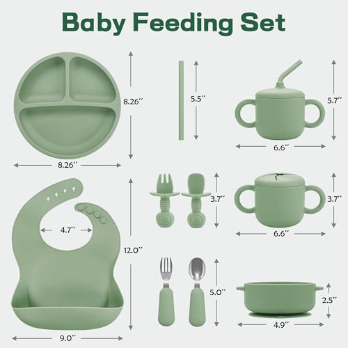 Bufims Silicone Baby Feeding Set, Baby Led Weaning Supplies, Eating Essentials Utensils with Suction Plate and Bowl, Pocket Bib, Sippy Cup with Lid, Forks Spoons Snack Container, for 6+ Months, Green by Bufims - Image 8