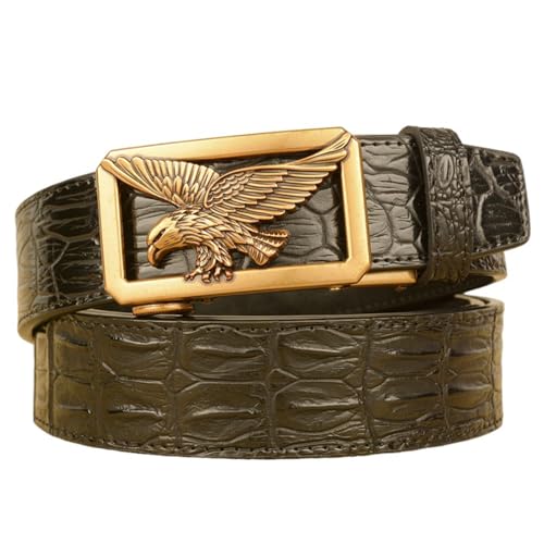Men's Ratchet Belt With Gold Animal Retro Auto Buckle, Crocodile Print Cowhide, 1.38