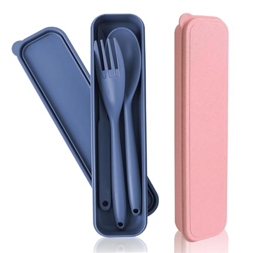 Set Cubiertos con Estuche, 2 Piezas de Juego de Cubiertos Camping, Cubiertos Plastico Reutilizables Cuchillo Tenedor Cuchara Juego de para Viajes, Exteriores, Trabajar (Azul, Rosa)