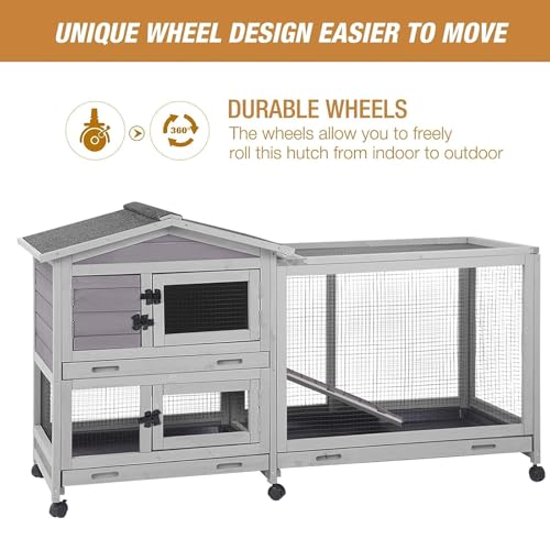 Bunny Cage Indoor and Outdoor Rabbit Hutch with Casters Waterproof Roof, Pull Out Tray from Back and Front 61.2" L x 22.6" W x 33.5" H - Image 4