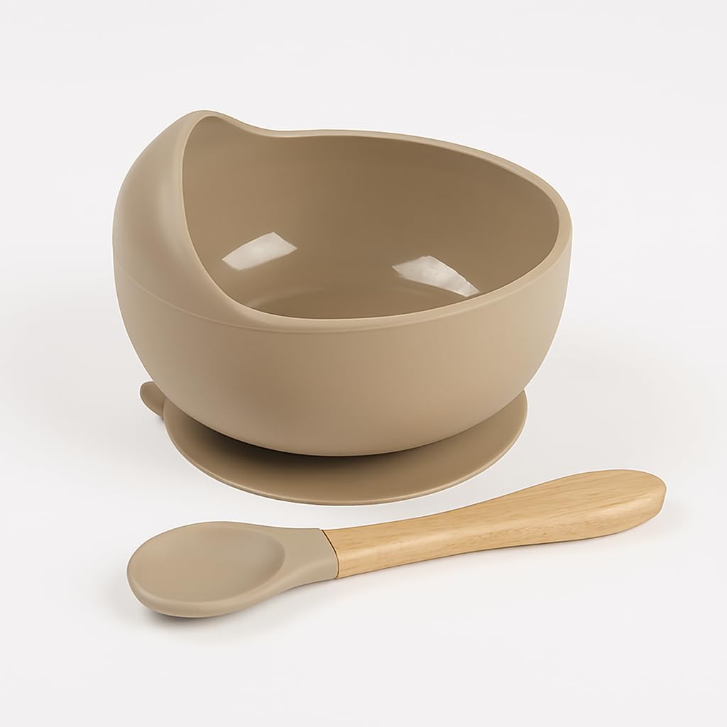 Niloni Silicon Suction Bowl Wooden Handle Spoon |BPA-Free,Unbreakable,Non- Slip,Microwave & Dishwasher Safe Feeding Set for Babies& Toddlers (Brown)-picture-15