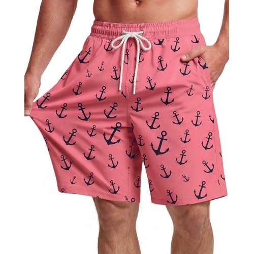 9 Inch Men Swim Trunks with Mesh Lining Breathable Quick Dry Drawstring Pockets for Summer Beach Travel Cruise Medium Coral Anchor