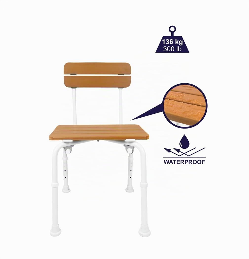 KMINA Silla Ducha Mayores con Respaldo, Efecto Madera, Altura Regulable | Taburete Baño Antideslizante, Banqueta, Aluminio, hasta 136 kg, 5 Posiciones 40-50 cm, Embarazadas, Movilidad Reducida