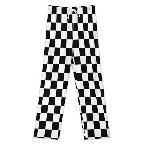 Black White Race Checkered Flag Pattern Mens Pajama Pants Wide Leg Sleep Drawstring Sleepwear Casual Loungewear2