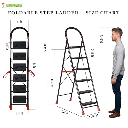 Image of FLIPZON Halo Foldable 6 Step Ladder for Home and Office Use | Alloy Steel | Wide Steps | Wobble-Free | Skid-Free Steps | Durable Safety Ladder | Rust Free | Anti-Skid (Black)