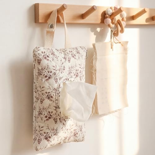 Cosblank 1 Pcs Quilted Diaper and Wipes Pouch Portable Hanging Floral Wet Wipe Bag Diaper Bag Reusable Wipes Pouch for for Stroller Car Travel Infant Diapering Organizer (Beige Floral) — view 4