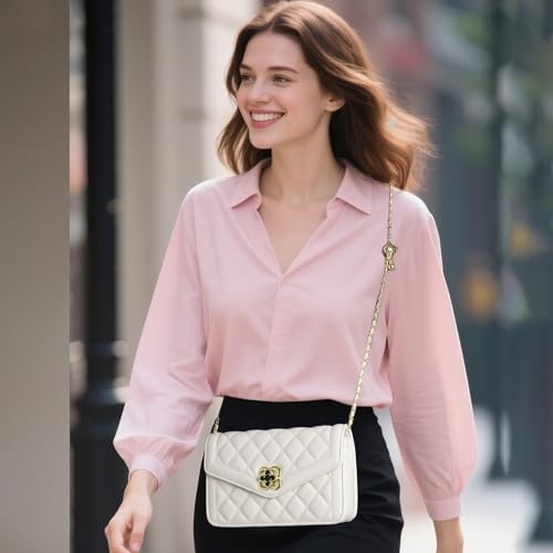 Image of Quilted Leather Crossbody Bags for Women Trendy Ladies Shoulder Purse Satchel HandBag with Chain Strap