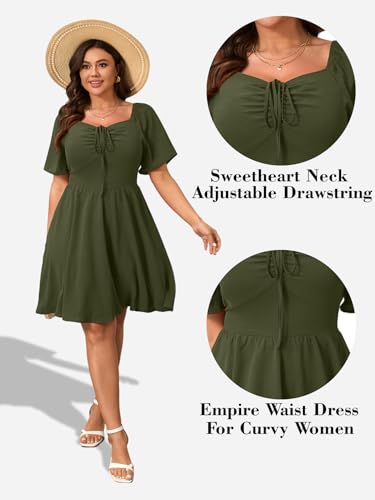 Image of RWJ Women Plus Size Summer Dress Short Sleeve Tie Front Sweetheart Neck Casual Mini Wedding Guest Dresses 2025