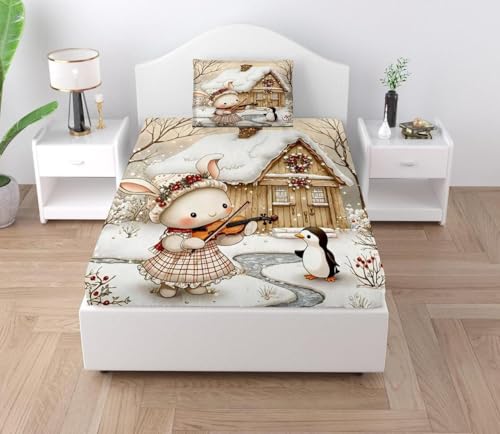 Image of Digital Printed Heavy Quality Glace Cotton 7D Bedsheet for Single Bed, 60 inch x 90 inch Flat Bedsheet with 1 Matching Pillow Cover for Kids, 300 TC (Snow House)