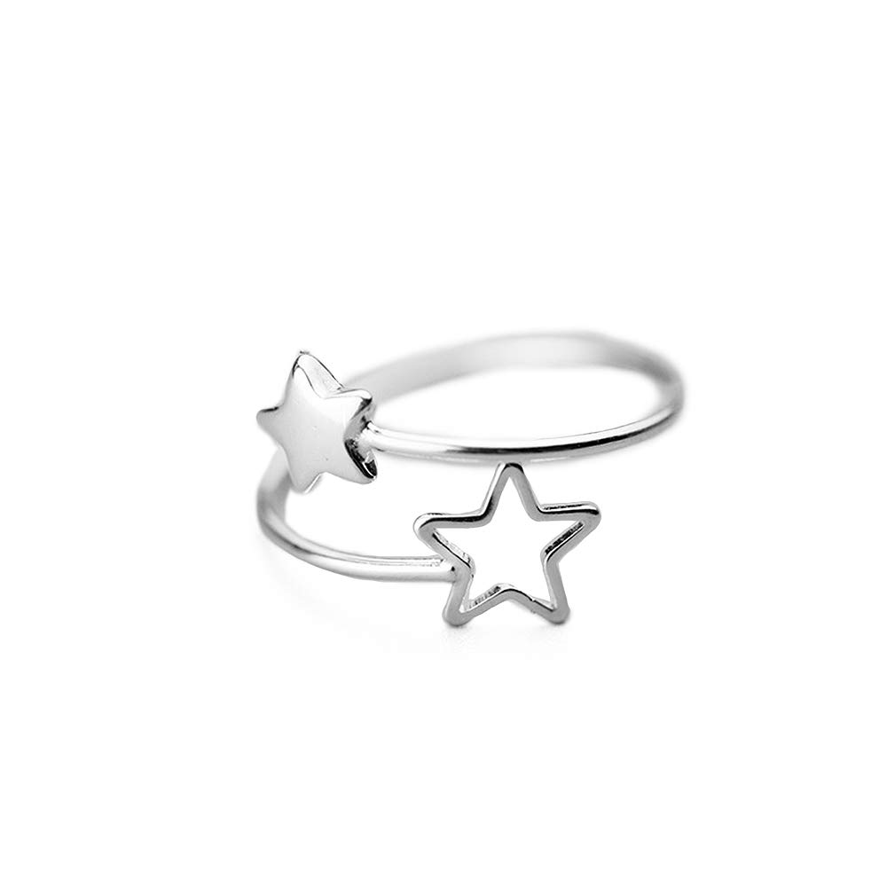 NewZenroDouble Star Wrap Open Ring for Women S925 Sterling Silver Dainty Adjustable Statement Engagement Thin Tiny Finger Rings Jewelry Gifts for Bff Daughter Birthday