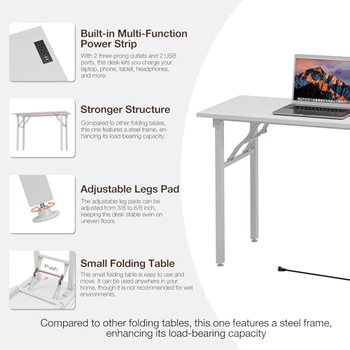 Image of TEMI Long Computer Desk Folding Table - No Assembly, Compact 55.1 inch Foldable Desk with Power Outlets & USB Charging Port, Portable Lagre Office Desk, Ideal Large Study Table for Narrow Spaces,White Ash