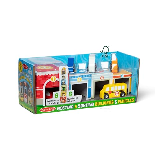 Image of Melissa & Doug Nesting and Sorting Blocks - 6 Buildings, 6 Wooden Vehicles - FSC Certified (Pack of 6)