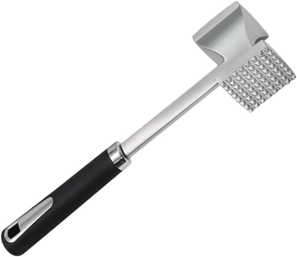 Dual-sided Stainless Steel Meat Tenderizer Hammer with Ergonomic Grip Dishwasher-Friendly Beef and Steak Pounder Tool for Home and Restaurant Use Black Handle