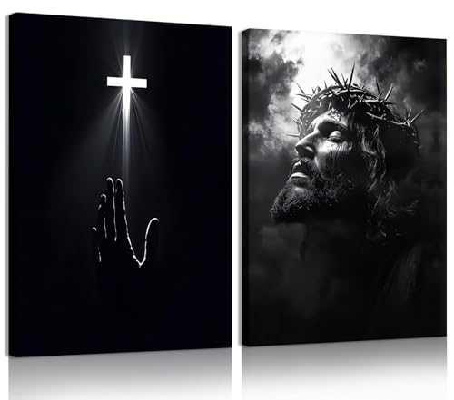 RUURUU 2Pcs Framed Black and White Christian Canvas Wall Art Jesus Christ Cross Wall Decor Redemption Faith Posters Religious Home Decor for Church, Prayer Room, Living Room, Office 12x16inches