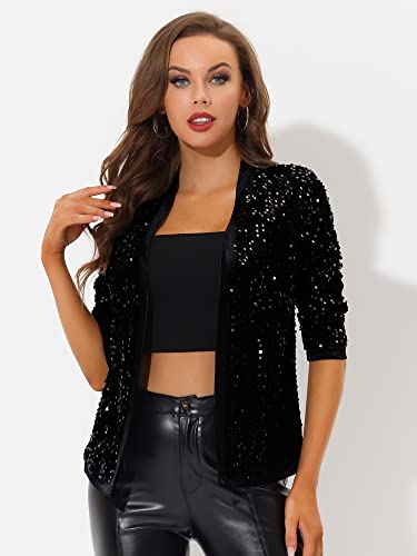 Allegra K Women's Sequin Cardigan 3/4 Sleeve Open Front Velvet Sparkle Jacket Party Glitter Blazer3