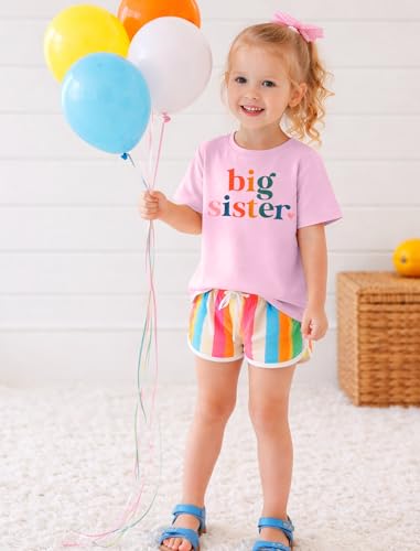 Image of Toddler Big Sister T-Shirt Big Sis Sibling Reveal Crewneck Tee Baby Girls Short Sleeve Announcement Summer Cute Top