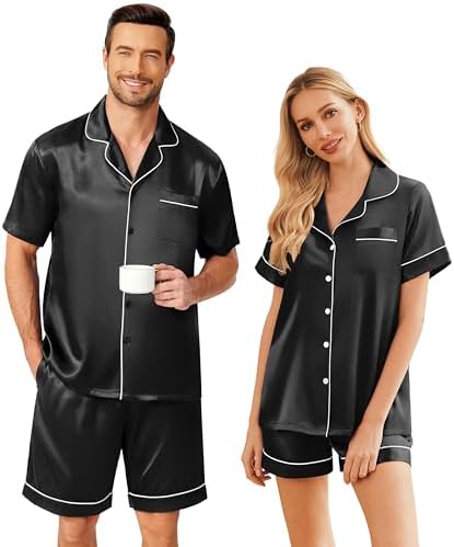 Ekouaer Couple Matching Pajamas Sets Silk Short Sleeve Button Dow...