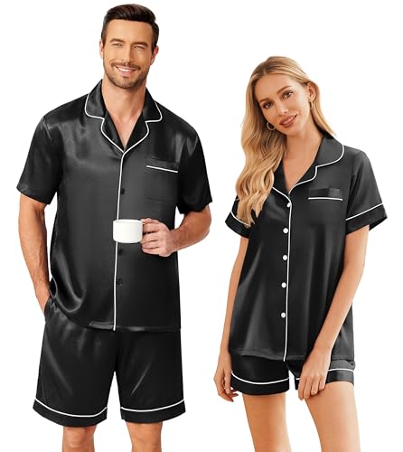 Ekouaer Couples Pajamas Silk Pjs Matching Set Satin Short Sleeve Button Down Loungewear Soft Sleepwear Black,L