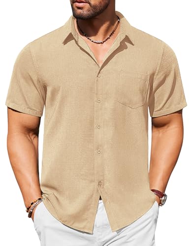 COOFANDY Mens Linen Shirt Short Sleeve Wrinkle Free Button Down Shirts Casual Beach Summer Wedding Shirt Light Coffe
