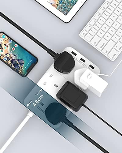 Extension Lead with USB Slots, 6 Way Plug Extension 3 USB, Multi Plug Electric Power Extension, Power Strip Surge Protection, 3250W/13 Amp, Extension Cable 2 M for Home and Office, White