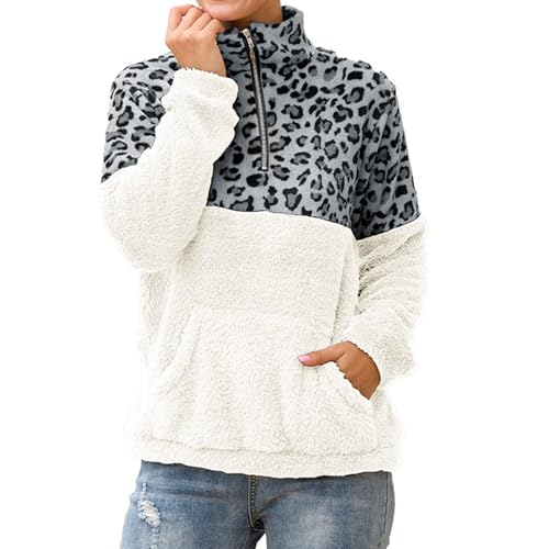 Suéter para mujer, con estampado de leopardo del Reino Unido, cuello de cremallera de 1/4, chaqueta cálida de forro polar doble con bolsillos, Ceniciento claro, L