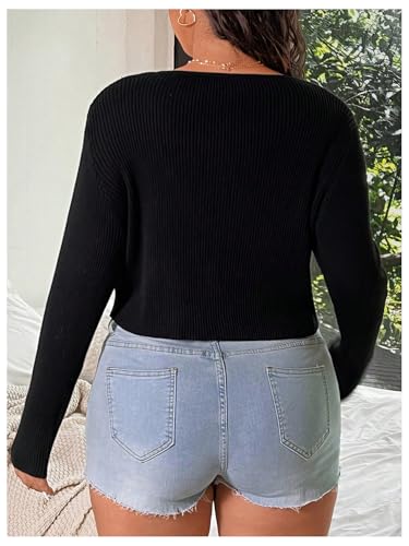 Image of Floerns Women's Tie Front Long Sleeve Rib Knit Shrug Sweaters Cardigan Crop Top Black 2XL