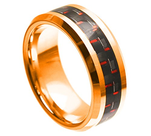 iPauly 8mm Tungsten Carbide Rose Gold Plated Black & Red Carbon Fiber Inlay Wedding Band Ring
