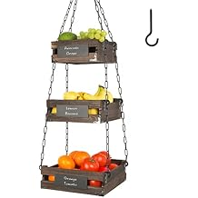 J JACKCUBE DESIGN 3-Tier Rustic Wood Hanging Fruit Basket, Kitchen Fruit, Vegetable Storage Organizer, Countertop Space Saver- Heavy Duty Metal Hooks- MK1008A