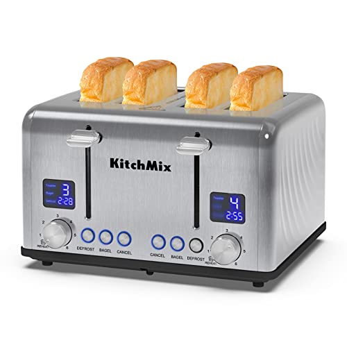 Toaster 4 Slice, KitchMix Bagel Stainless Toaster with LCD Timer, Extra Wide Slots, Dual Screen, Removal Crumb Tray (Stinless steel) Toaster 4 Slice, KitchMix Bagel Stainless Toaster with LCD Timer, Extra Wide Slots, Dual Screen, Removal Crumb Tray (Stinless steel)