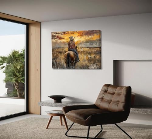 Image of OCRXLYTH Western Cowgirl Riding Horse Canvas Wall Art Cowgirl Wall Decor Pictures Sunset Countryside Landscape Painting Print Vintage Artwork for Living room bedroom country decoration 16x24