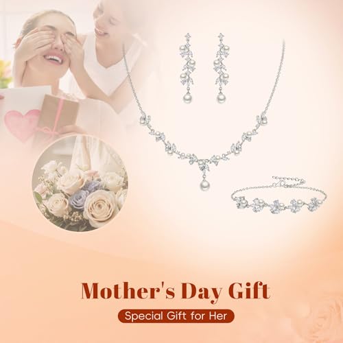 EleQueen Women's Simulated Pearl Wedding Jewelry Set, Cubic Zirconia Marquise Floral Bridal Necklace Earrings Bracelet Sets4