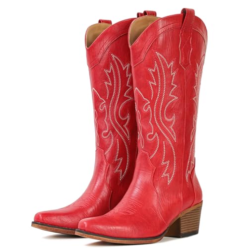 Image of IUV Cowboy Boots For Women Western Cowgirl Boots Mid Calf Snip Toe | Chunky Heel Ideal for low insteps