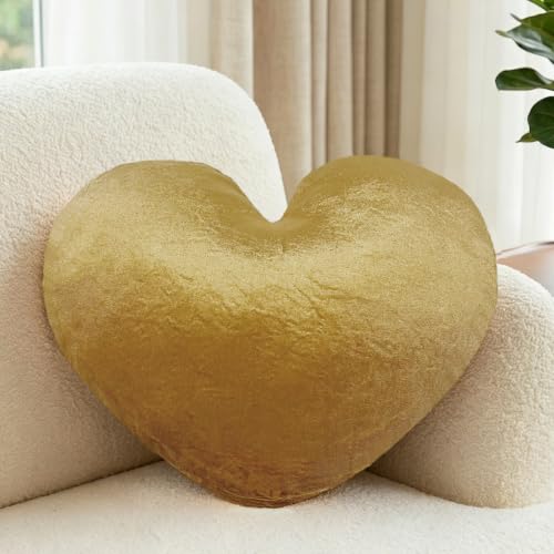 16 Inch Gold Heart Pillow Decorative Throw Pillows Heart Shaped Soft Fluffy Cute Pillows Cushions for Valentines Wedding Couch Chair Bed Bedroom Room Home Decor Aesthetic (1 Gold Medium-16x13)