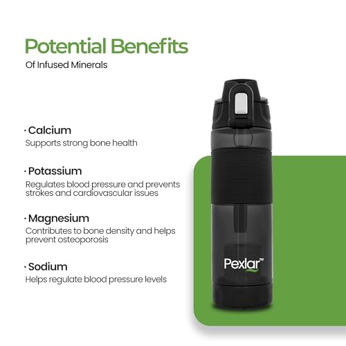 Image of Pexlar Tritan Multi Stage Alkaline Water Filter Bottle | Alkaline Water Generator | Water Bottle with Filter inside | Black | 650 ml | Multirich Mineral Water - BPA Free