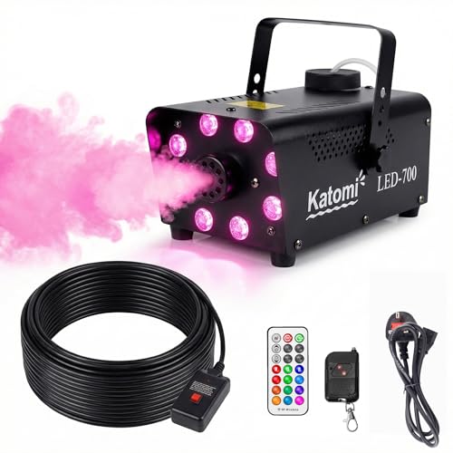 Katomi 700W Fog Machine with 13-Colour RGB Effect 8 LED Lights Mini Smoke Machine with 3-Metre Wired Remote and Two Wireless Controllers for DJ Disco Parties Halloween and Weddings (UKLED-700)