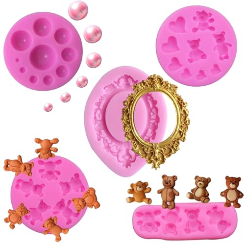5 Pcs Bear Silicone Fondant Mold Frame Molds and 3D Pearl Fondant Ball Semi Sphere Chocolate Silicone Photo Frame Molds for Teddy Bear Crafts Cupcake Topper Cake Decoration Chocolate