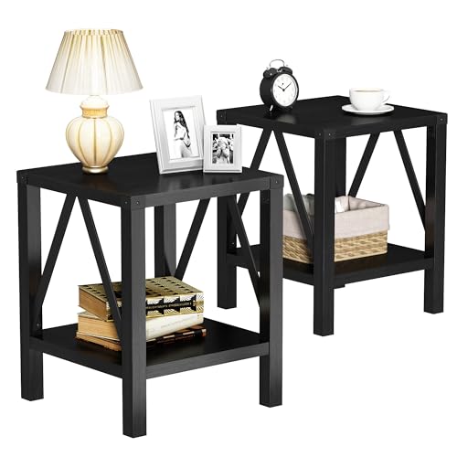 Image of Treocho Farmhouse Side Table Set of 2, Rustic Vintage Nightstand End Table with Shelf for Living Room, Bedroom, Black