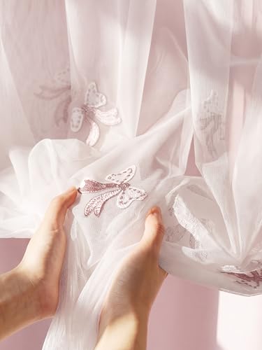NICETOWN Blush Pink Blackout Curtains 84 Long for Girls Bedroom W52 x L84 Cute Bow Embroidery Pattern with Sheer Liner Princess Dream Elegant Home Decor 2 Panels