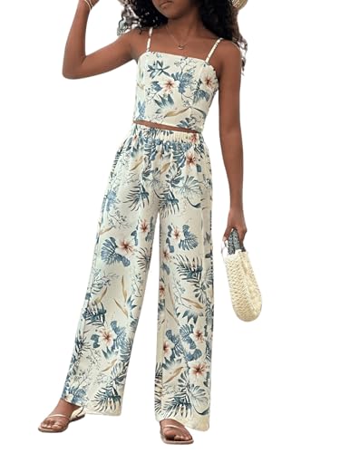 Image of Floerns Girl's 2 Piece Outfit Hawaiian Tropical Crop Cami Tops and Boho Pants Set