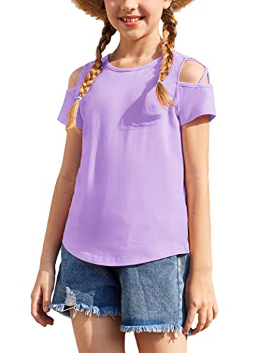 Greatchy Kids Girl's Summer Shirts Criss Cross Cold Shoulder Short Sleeve Round Neck Cute Blouse Pullover Top #TOP11