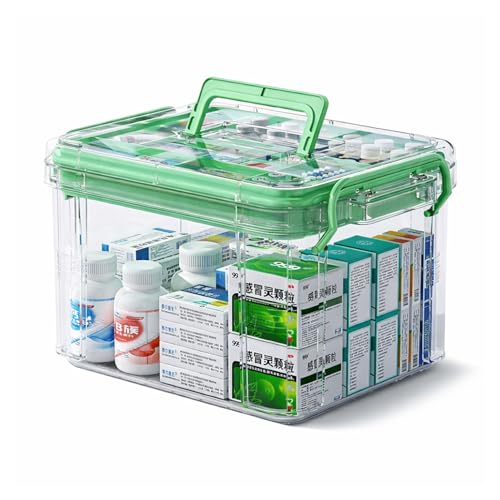 Image of HoopVool Clear Plastic Medicine Storage Box Organizer, Family Emergency Kit with Removable Pill Case Portable Lockable Container for, Art Craft and Cosmetic Household Organizer (Green, Medium)
