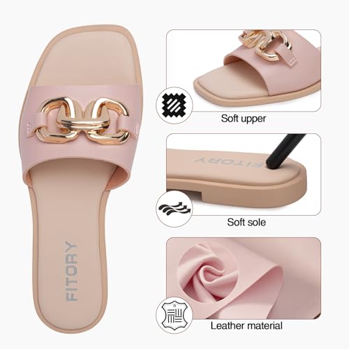 Image of FITORY Women's Flat Sandals Fashion Slides With Soft Leather Slippers for Summer Size 6-11