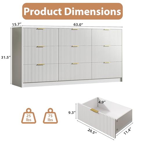 Image of MAISONARIA White 9 Drawer Dresser for Bedroom, 63 inch Wide Modern Fluted Dresser with Gold Metal Handles, Chest of Drawers for Bedroom, Living Room, Entryway, Hallway