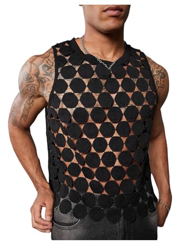 SHENHE Men's Sheer Tank Top Sleeveless Hollow Out Appliques Crew Neck Party Rave Tank Shirt