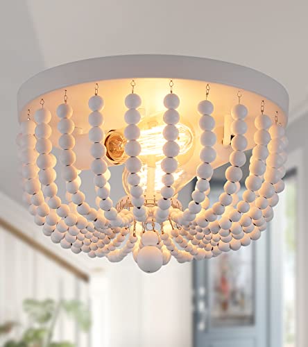 Image of Q&S White Flush Mount Ceiling Light Fixtures,2-Lights Wood Beaded Boho Chandeliers for Nursery Baby Bedroom Dining Room Living Room Kitchen Hallway W11.81