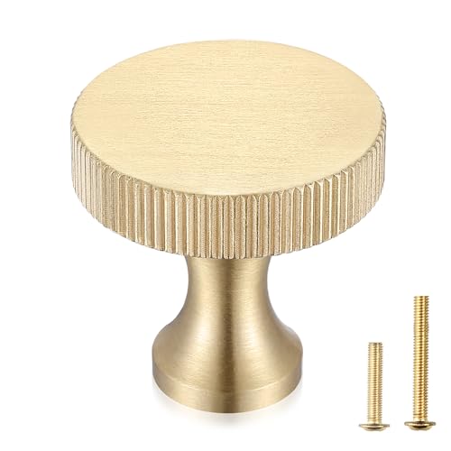 Guank 2 Pack Pinion Solid Brass Knobs,Brushed Handles Brass Cabinet Solid Round Dresser Drawer Knobs and Pulls Simple Decorative Kitchen Cabinet Door Handles(1"x1")
